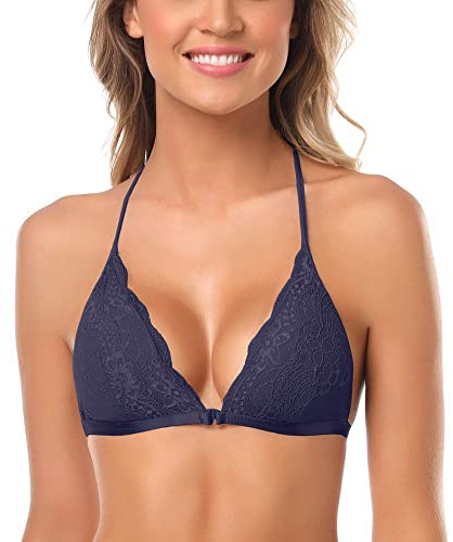 SHEKINI Dam flicka bh med stängning fram, spets racerback spetsbehå triangel bralette vadderad underklädesplagg bustier crop underkläder bygellös bralette topp, Marinblå, S
