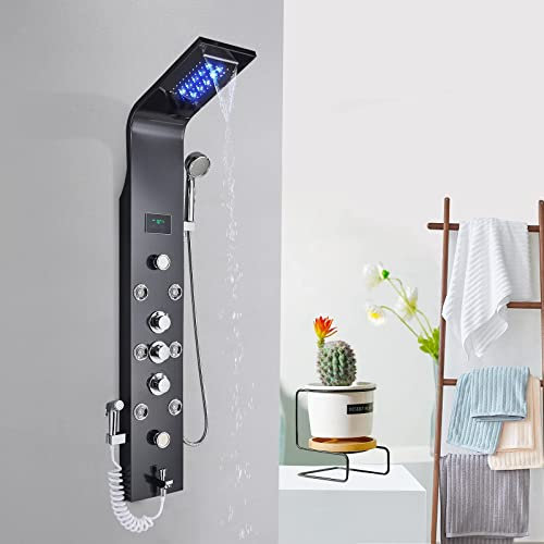 Columna de Hidromasaje Panel de Ducha Negro LED Multifunción LCD pantalla de temperatura, 8 boquillas de masaje con pistola de pulverización