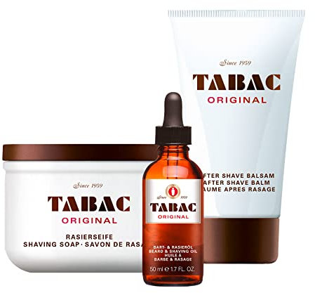 Tabac® Original | Shaving Set: Perfekte Rasurvorbereitung - für eine glatte und schonende Rasur - mit dem Duft des Originals | 125g Shaving Soap + 75g After Shave Balm + 50ml Bartöl