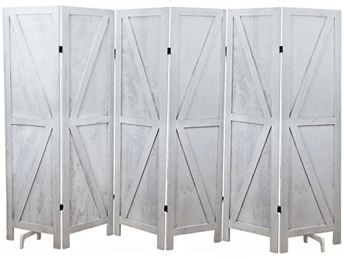 Premium Home 6-Panel Room Divider – Rustic White Barn Door, K Pattern Folding Privacy Screen, Partition Wall