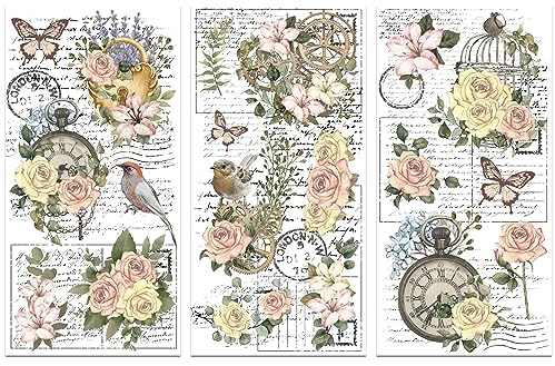 GLOBLELAND 3 Stück Blumen Vögel Aufreiben Vintage Abziehbilder Zum Basteln Abziehbilder Zum Abreiben Für Kunsthandwerk Möbel Heimdekoration 5.9x11.8 Zoll