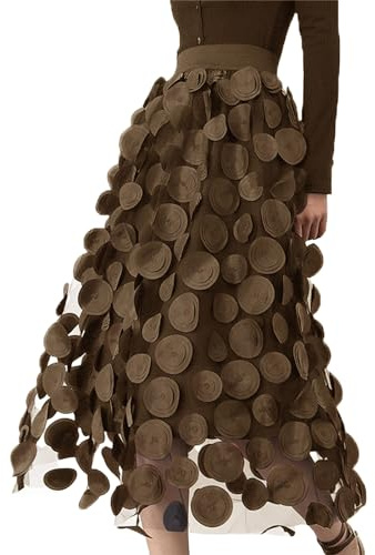 Women Tulle Midi Skirt High Elastic Waist 3D Polka Dot Mesh Skirt A-Line Layered Bubble Skirt Graduation Dress (Coffee, One Size)