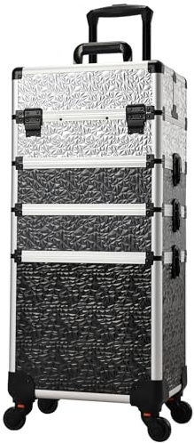 Valise de Maquillage 4-en-1 XXL Grande Capacité, Cadre Aluminium Mallette Cosmétique Verrouillable à roulettes 360°, pour Coiffure, Onglerie, Multicolore