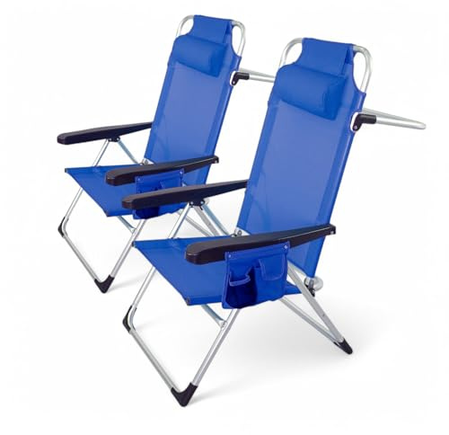 Pincho Silla Playa Plegable, Sillon Alto con Cojín, Reclinable, Altura del Asiento 29,5 cm, Asa de Transporte, Bolsillo para Movil y Bebida Textileno Resistente, Jardin, Camping, Hamaca (Navy 2)