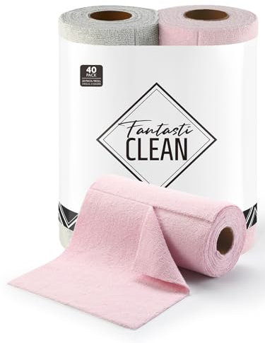 Fantasticlean Mikrofaser Reinigungstuch Rolle - 20 Stück x 2, Abreißbare Putztücher mit 300 GSM, Wiederverwendbare Fusselfreie Lappen Geschirrtücher 25x25cm, Rosa & Kaltgrau