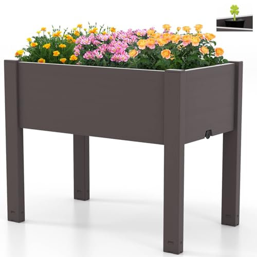 TANGZON Raised Garden Bed, 53L Self-Watering Planter Box with Water Level Indicator, Drainage Hole & Detachable Space Dividers, 76 x 45 x 61 cm Outdoor Plastic Flower Container (Coffee)