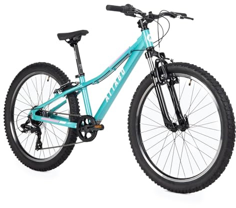 ATTABO Mountain Bike per Bambini MTB JR Bici Bambini con Telaio in Alluminio 12 Bicicletta Montagna con Ruote da 24 con Regolabile 8 velocità Deragliatore Colore Turchese