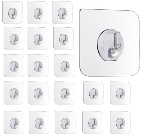 SOPSTUO Self Adhesive Hooks - 20Pcs Strong Stick On Plastic Hooks, Transparent for Shower, Door, Kitchen, Bathroom Wall - Hanging Coat, Cloth, Towel, Key