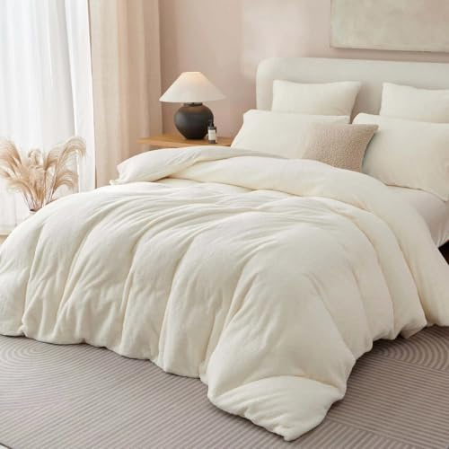 Lanqinglv Juego de ropa de cama de felpa de 135 x 200 cm, forro polar, color blanco, tacto cachemira, ropa de cama de invierno cálida, con certificado Oeko-Tex, funda nórdica reversible y 1 funda de