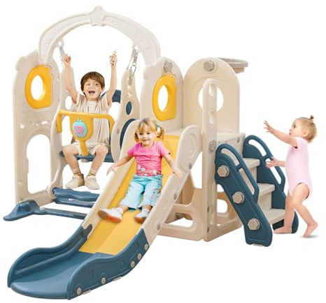Freestanding Toddler Slide with Swing Set, 6 in 1 Kids Indoor Playset for Toddlers 1-3，L Shaped Slide with Basketball Hoop，Baby Slide for Indoor Outdoor for Boys and Girls Birthday