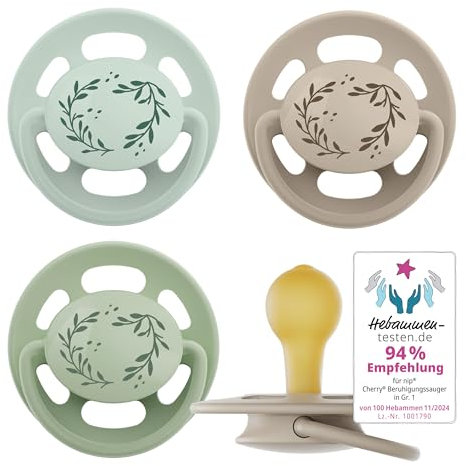nip - Cherry Green | 0-6 Monate | 4er Pack | Stillfreundlicher, zahnfreundlicher Babyschnuller. Nachhaltiger Schnuller aus natürlichen Rohstoffen, Hellgrün/Braun