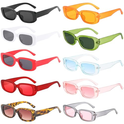 Lot de 10 Lunettes de Soleil rectangulaires Vintage Hippie UV400 pour Femmes Et Hommes Style Rétro des Années 90 Rétro Mode Lunettes De Fête Fantaisie Tendance Lunettes de Soleil Carrées Coloré