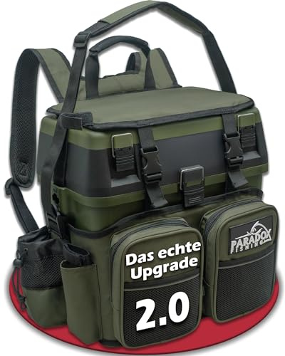 Paradox Fishing Multifunktions-Sitzkiepe I Angelrucksack I Angeltasche Angelkoffer mit Sitz Angelkoffer- viel Platz für Angelzubehör (schwarz/grün)