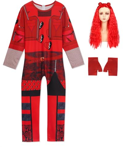 Berich Déguisement pour filles avec perruque, gants et combinaison rouge, costume de princesse pour enfants, costume d'Halloween pour la journée mondiale du livre pour enfants, tenue de jeu de rôle