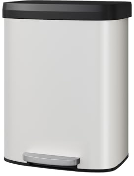 Garvee 16 gal / 60 L Metal Trash Can with Lid, Large Garbage Can for Kitchen, Rustproof Step-on Kitchen Metal Trash Bin with Liner Rim, Rear Handle, Soft Close Plastic Lid, White