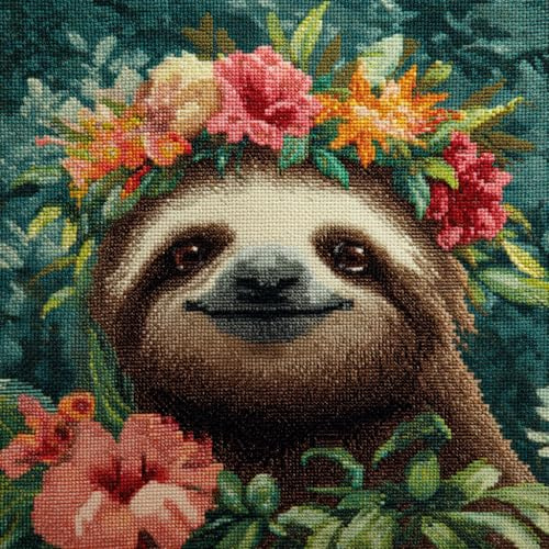 Henypt Kit cuscino con gancio di chiusura Bradipo animale e fiori gancio di chiusura Cuscino fatto a mano Kit di chiusura con ricamo in filato all'uncinetto Federa 43x43cm