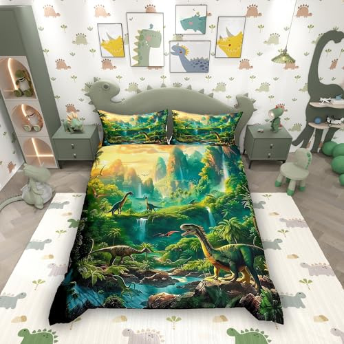 Homemissing Netter Dinosaurier Bettwäsche Set 135x200cm 3D Digitaler Dinosaurier Bettwäsche-Set mit Reißverschluss Wildes Tier Bettbezug Dschungel Dino Pflanze mit 1 Kissenbezug Dunkelgrün