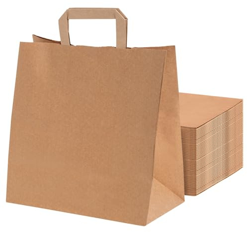MAXI PRODUCTS - 50 Unidades - Bolsas Papel Kraft con Asa Plana - 26 x 18 x 30 cm - Bolsas Regalo - Bolsitas Personalizables - Eventos y Hotelería - Comunión, Cumpleaños, Bodas - PERSONALIZABLES