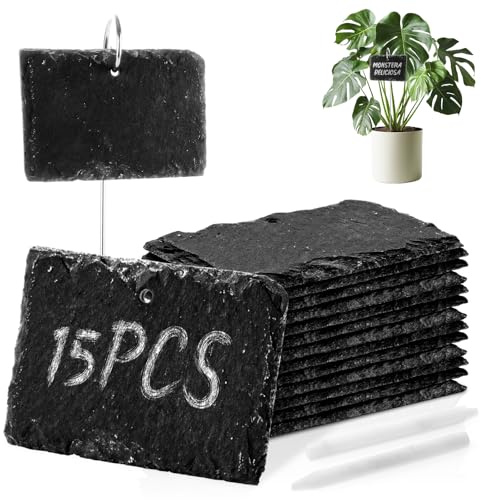 APACALI 15 stycken växtskyltar för märkning, skiffer växtskyltar för utomhusbruk, skiffer inklusive kritpenna, växtpinnar för örter, blommor, grönsaker, 10 x 7 cm