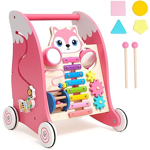 Lära-gå-vagn i trä med Montessori-leksaker, Baby Walker med gummidäck, Lärarstöd med formsortering, Kugghjul, Speglar, Xylofon och Trummor från 9 månader, Rosa