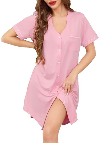 Wikoan Chemise de Nuit Femme Coton Chemises de Nuit avec Boutonnée Devant Nuisette Manches Courtes Été Col en V Loungewear Tee Shirt Sexy Femme Rose XL
