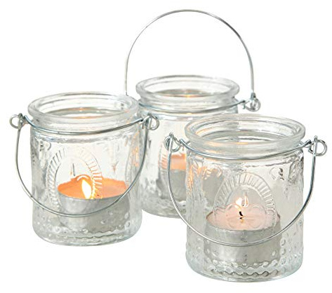 3 Piece Fleur Di Lise Wind Light Candle Holders, French Country Style, Boxed Set, Clear Glass, Wire Hanging Handles, Each 2.75 Inches Tall, for LED and Wax Tea