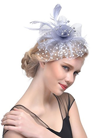 Chapeau bibi à plumes pour femme et fille, gris argenté, taille unique