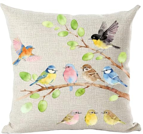 Ramirar Ink Painting Watercolor Colorful Pink Yellow Birds Tree Leaves Decorative Throw Pillow Cover Case Home Living Room Bed Sofa Car Cotton Linen Square 18 x 18 Inches