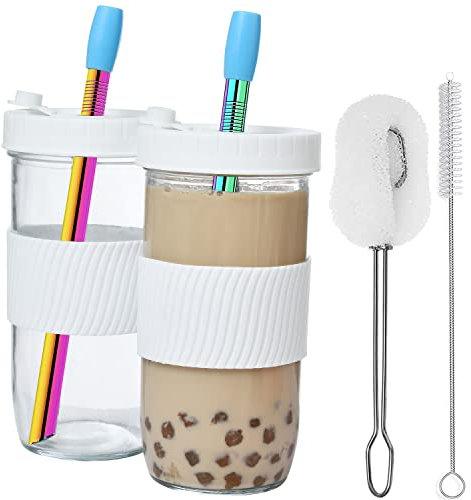 ALINK 2-Pack Reusable Glass Cup Bubble Tea Cups, 24Oz Wide Mouth Smoothie Cups with Lid, Silicone Sleeve Wide Straws, Leakproof Glass Mason Jars, White