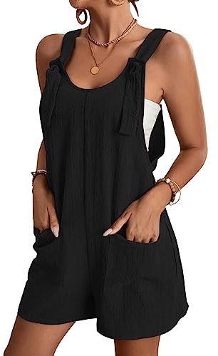 KOEMCY Latzhose Damen Kurz Jumpsuit Sommer Ärmellos Quadratischer Kragen High Waist Loose Overalls Romper Playsuit Shortalls (Schwarz, S)