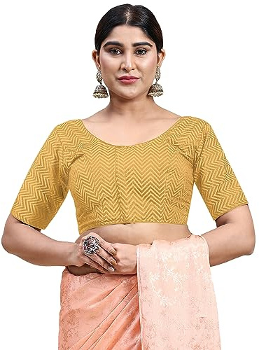 Jaanvi mode dambrokad färdig kopp vadderad chevronmönster armbågslängd silkesblus, BEIgE, S/M