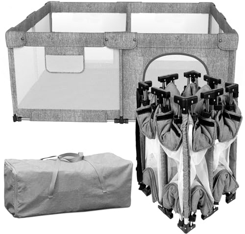 Veraste Foldable Baby Playpen with Gate, Extra Large Collapsible Play Yard for Babies & Toddlers, Portable Travel Playpen, Baby Activity Center for Indoor & Outdoor Use (Grey 51×51)