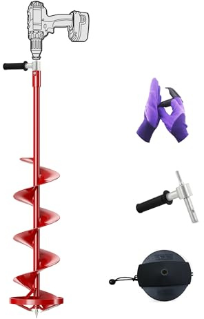 LONGRUN Ice Auger, 8 Inch Drill Auger Bit with Non-Slip Handle and Replaceable Blade Kit, Suitable for Ice Fishing, Digging Holes - Red