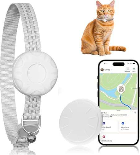 Cat Tracker, GPS Tracker Compatible with Apple Find My App(Only iOS), Waterproof Cat Trackers Collar with Bell and Safety Elastic Buckle, No Monthly Fee Pet Tracker, Up to 1-Year Battery, White
