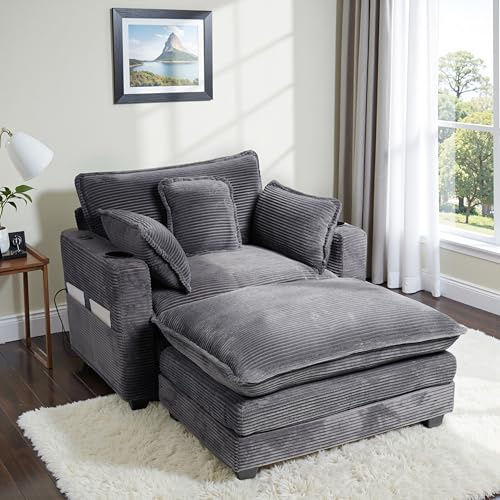 Corduroy Oversized Chair with Seat Pad - 44 Wide King Comfortable Chair and Seat Cover Set, Modern Single Sofa Armrest with USB Port and Cup Holder, Living Room Cloud Lounger (Grey)
