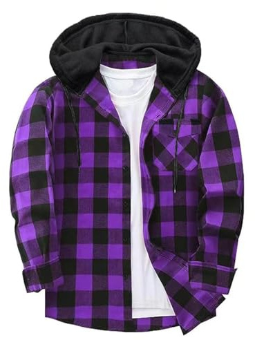 Men's Plaid Shirt - Checked Flannel Shirts, Hooded Long Sleeve Button Down Tops with Chest Pocket, Casual Loose Fit Comfy Hoodie, Lumberjack Regular Fit, Drawstring Blouse, Soft Tartan Jacket Coat