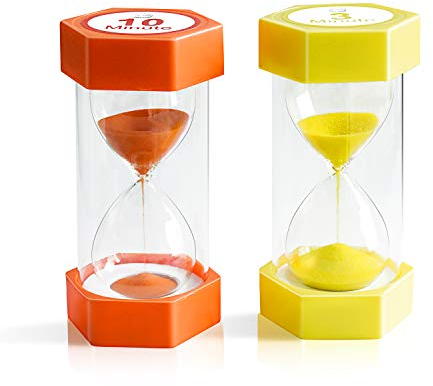 XINBAOHONG Lot de 2 sabliers 3 minutes 10 minutes pour enfants, jeux, salle de classe, maison, bureau, cuisine (16,3 x 8,1 cm, 3 min (jaune) et 10 min (orange)