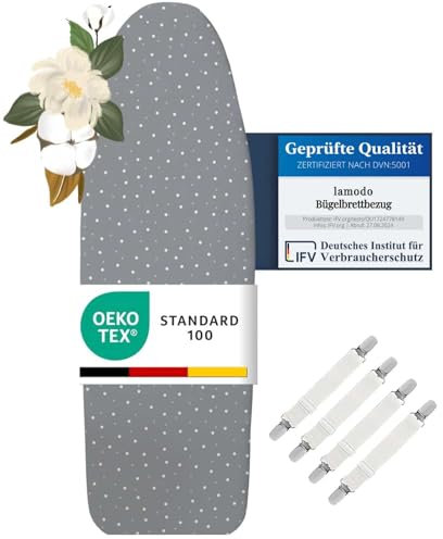 lamodo® - Copriasse da stiro 115x35 cm - Copriasse da stiro in cotone 100% - Adatto alla stiratura a vapore - Imbottitura extra spessa + elastico e tenditori, 110-115 cm x 30-35 cm