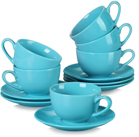 LOVECASA Serie Sweet Juego de 6 Tazas de Café Capuchino con Platos 230ml Porcelana para Hogar, Oficina, Cafetería Color Azul Claro