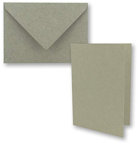 Set di 50 biglietti pieghevoli in carta kraft grigia, vintage, con buste, formato DIN A5, 21 x 14,8 cm, colore grigio, riciclato, biglietti pieghevoli, vuoti