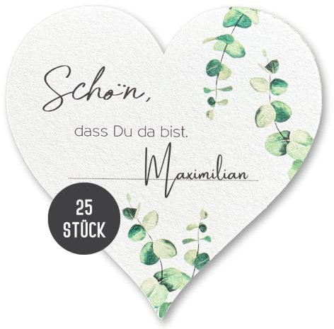 25 Bierdeckel in Herzform Hochzeit als Namenskarten verwendbar | Sitzplatzkarten Blanko | Platzkarten, Namensschilder Namenskarten 25er Set im Boho Design (Bierdeckel Grün Eucalyptus)