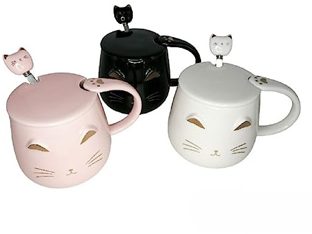 lachineuse - Set di 3 tazze gatto Kawaii 450 ml - Tazza gatto con coperchio e cucchiaio, colore: nero, bianco e rosa in ceramica - Tazza per infusione, tè, caffè - Tazza originale idea regalo Giappone