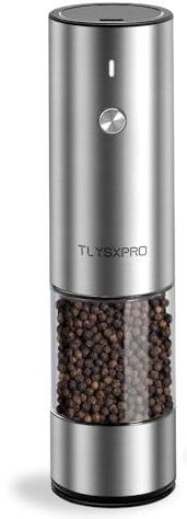 TLYSXPRO Elektrische Salz- und Pfeffermühle, USB-wiederaufladbar, automatische Pfeffermühle, einstellbare Mahlstärke, LED-Licht, nachfüllbar, Küchenhelfer (1er-Pack, Edelstahl)