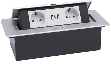 Prise escamotable - Charge rapide - Prise de table pour plan de travail - Argenté - Double Euro Insert + Double USB + Tp-c