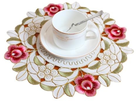 Lot de 2 sets de table rétro en dentelle - Décoration bohème - Dessous de verre en macramé - Fleurs brodées - Ronds - Pour la cuisine, le salon, les hôtels, les bureaux, les cafés, les restaurants -