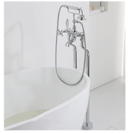 WRJAHCG Latón Grifo Bañera Suelo Grifo De Pie Bañera Exenta Grifo Suelo Ducha De Mano Independiente para Bañera Emperatura del Agua Y Cantidad Ajustables,Plata