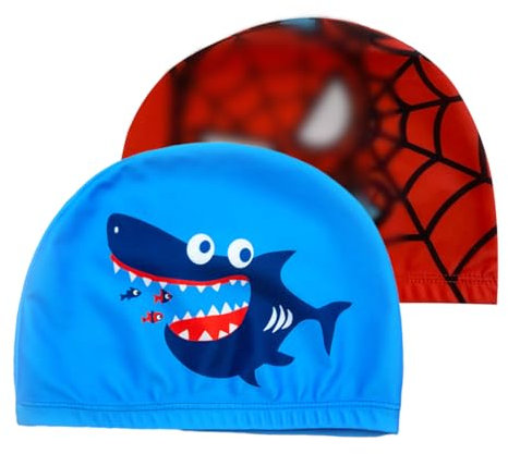 WBZOWRB 2-teilige Badekappe für Kinder, Poolkappe für Jungen und Mädchen, 4 – 10 Jahre (Hai/Spinnenmännchen)