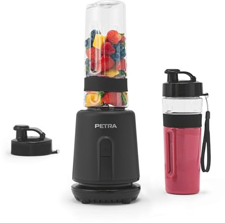 Petra batidora personal eléctrica compacta – incluye 2 botellas de 600 ml con tapas antifugas, cuchilla de acero inoxidable, uso de un toque, base antideslizante, potencia 350 W