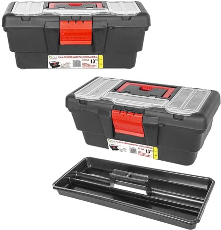 Caja de Herramientas con Bandeja. Pack 2 Cajas de Bricolaje, Asa y Bandeja Extraíble de Plástico, Compartimentos Exteriores. Caja de Trabajo con Cierre Seguro (33 cm (2 uds)