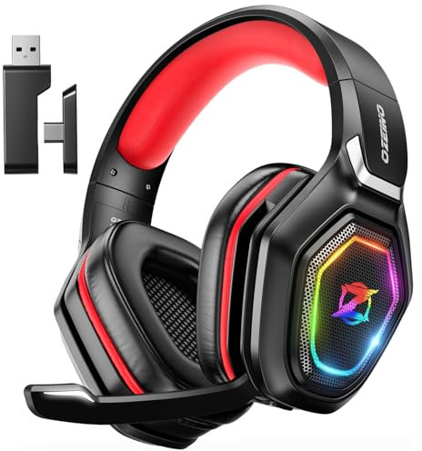 Ozeino Wireless Gaming Headset for PC, Ps5, Ps4-2.4GHz Lossless Audio USB & Type-C Ultra Stable Gaming Headphones with 40Hr Battery Gamer Headset for Switch, Laptop, Mobile, Mac（Red）